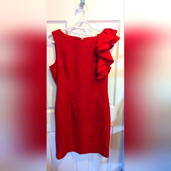 💙 CALVIN KLEIN 💙 Red Sheath Dress with Ruffle - Picture 1 of 7
